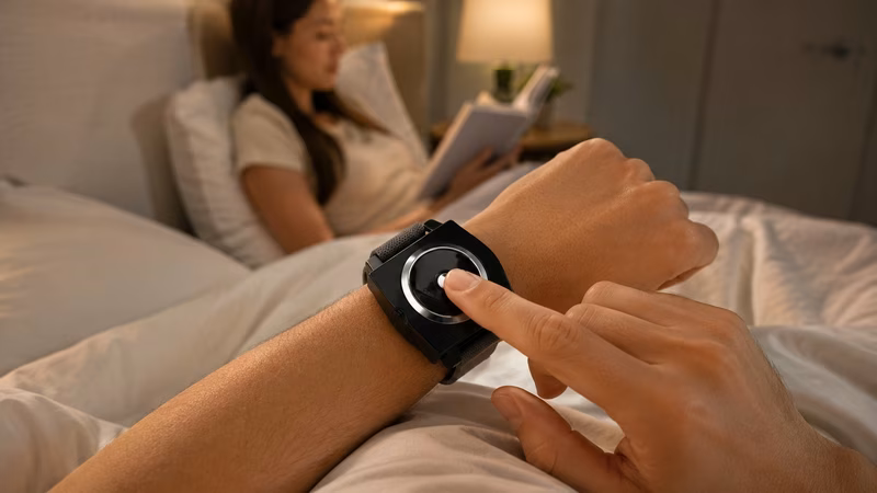 Wristband emitting a gentle biosensor pulse on a sleeping wrist.